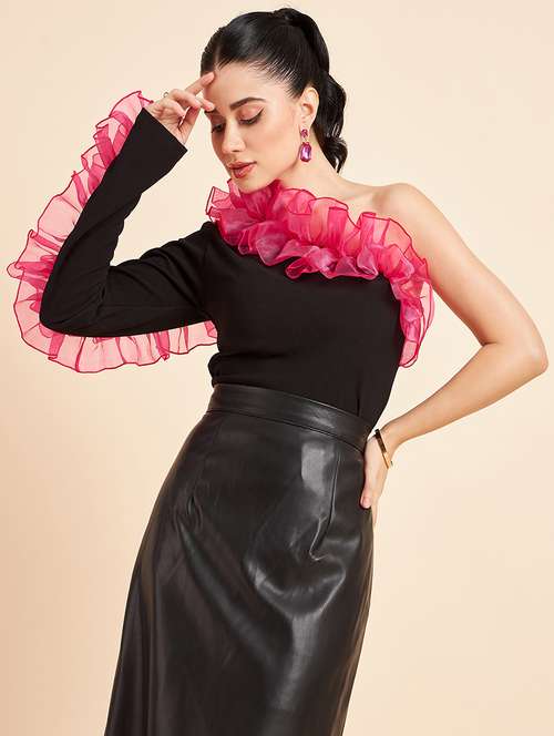 women black solid single shoulder top - 22057807 - Standard Image - 0