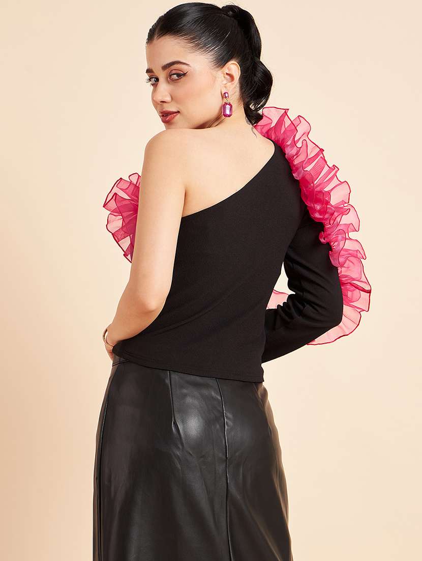 women black solid single shoulder top - 22057807 - Standard Image - 3