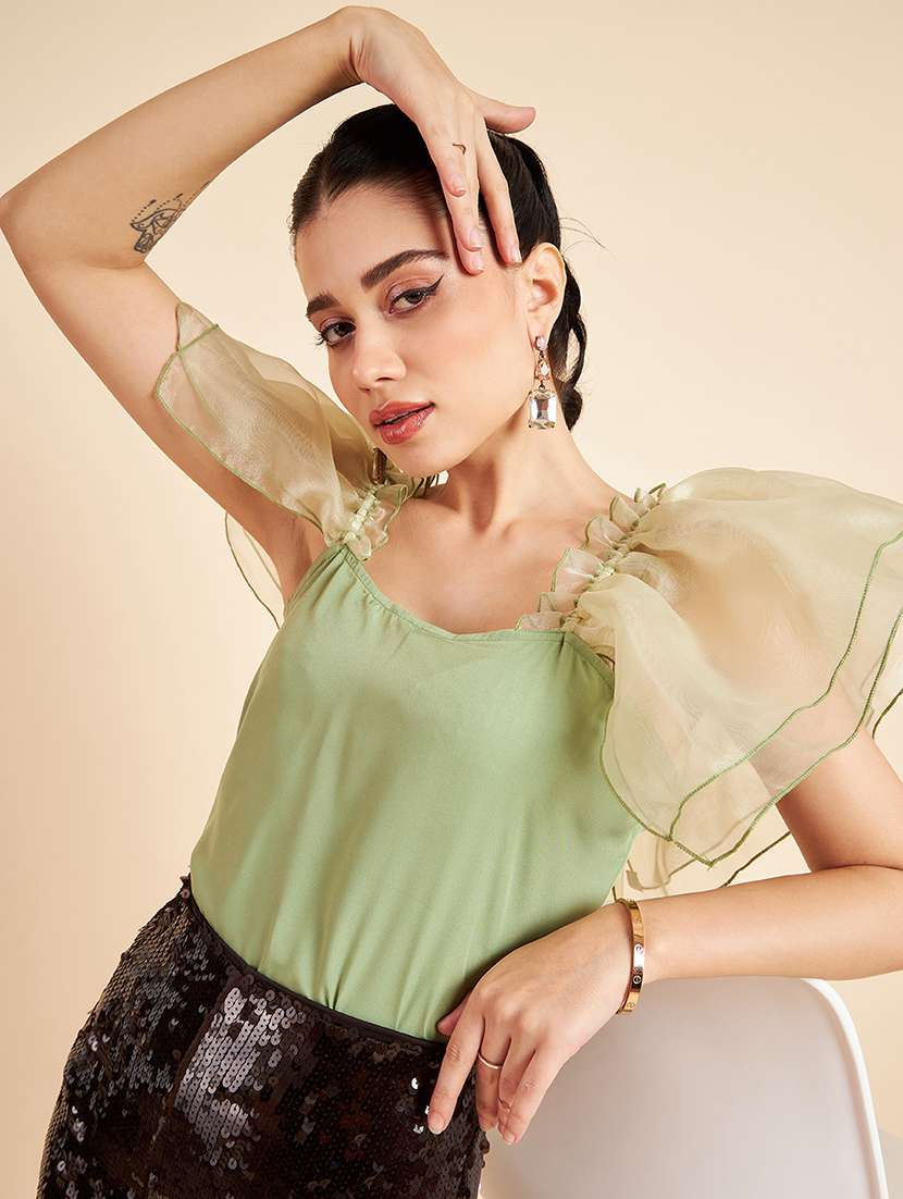 women solid ruffle sleeve regular fit top