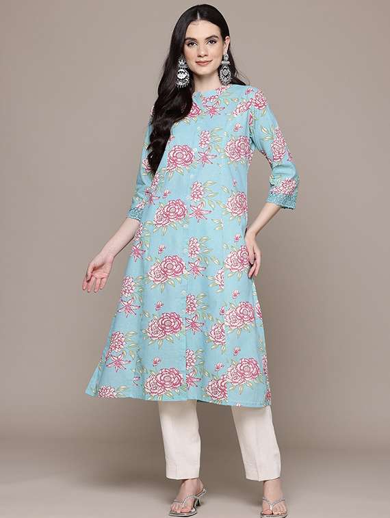 women floral three quarter sleeve a-line kurta - 22057838 -  Standard Image - 3