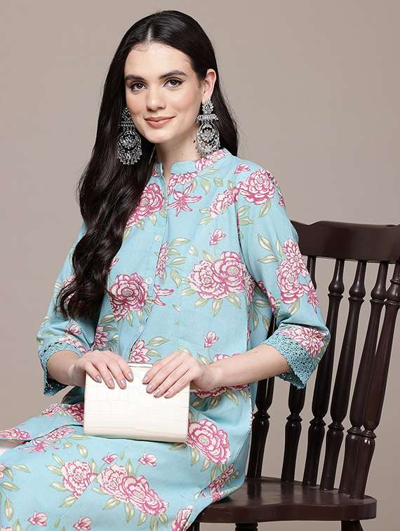 women floral three quarter sleeve a-line kurta - 22057838 -  Standard Image - 5