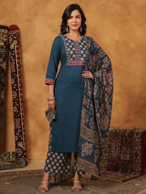 women printed three quarter sleeve kurta palazzo with dupatta set - 22057879 -  Standard Image - 0