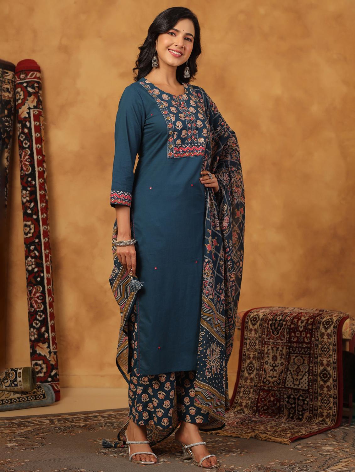 women printed three quarter sleeve kurta palazzo with dupatta set - 22057879 - Standard Image - 3