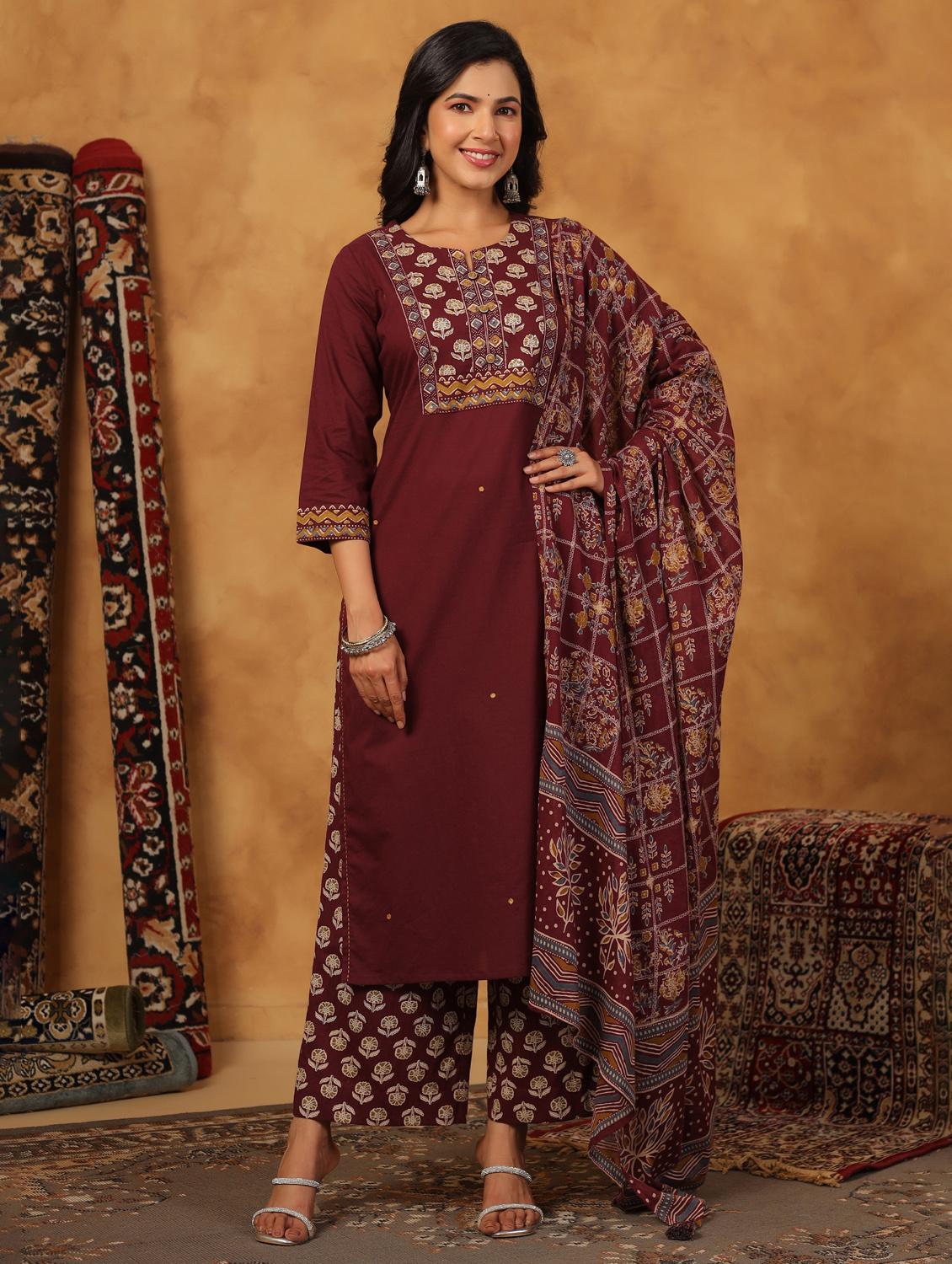 maroon cotton kurta palazzo set - 22057880 - Zoom Image - 0