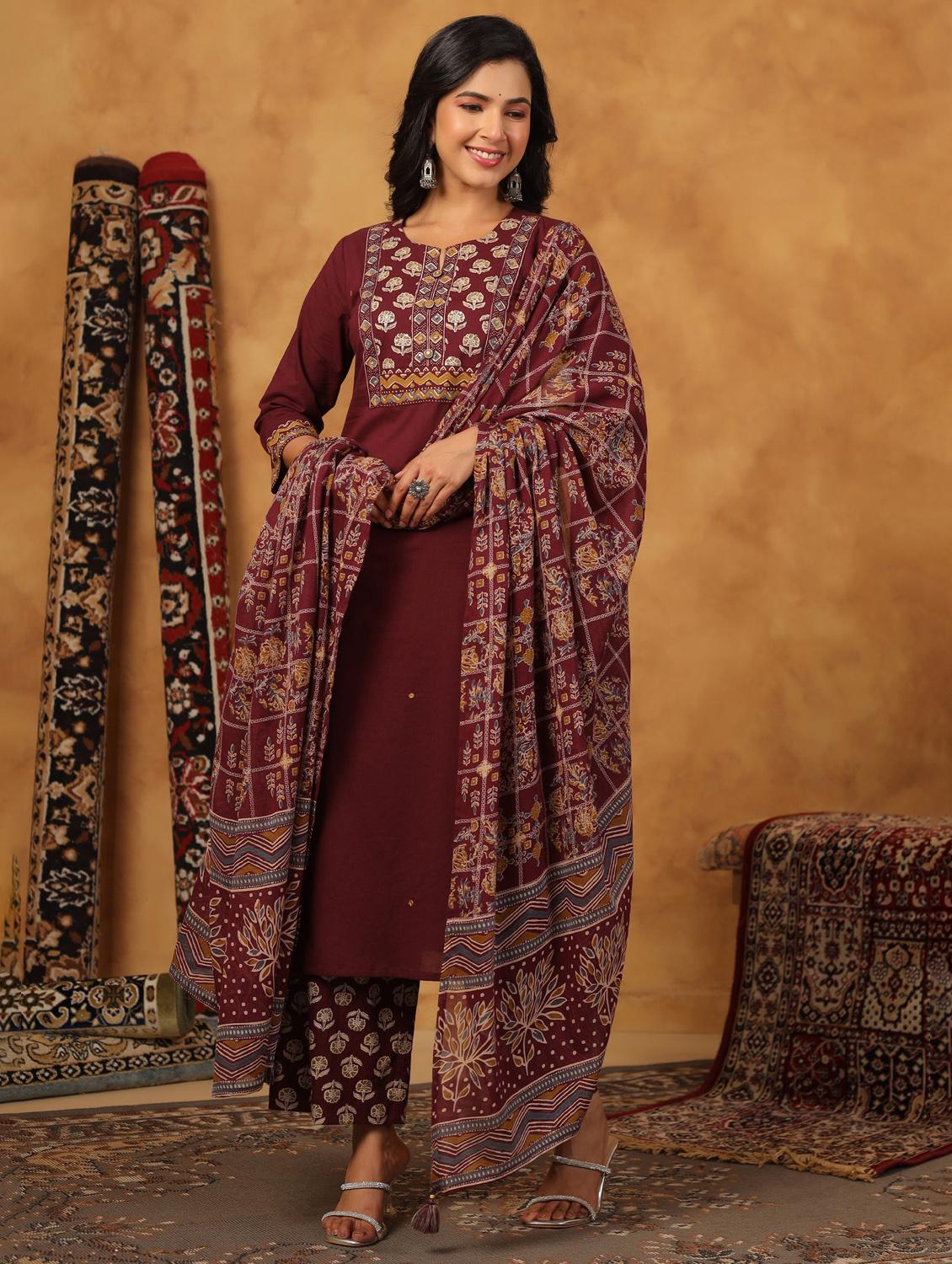 maroon cotton kurta palazzo set - 22057880 - Standard Image - 3