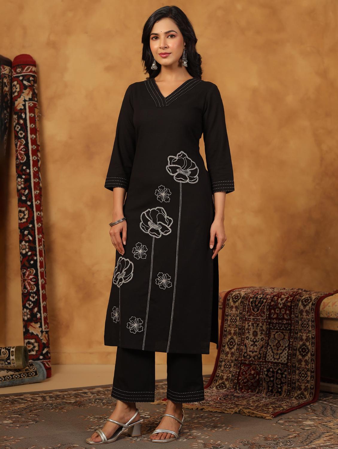 women embroidered three quarter sleeve kurta palazzo set