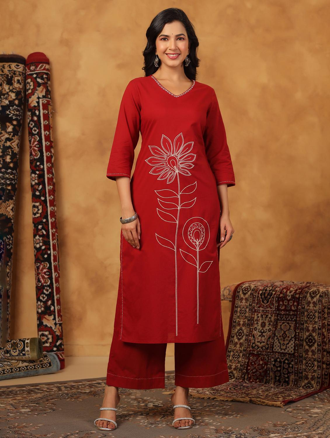 maroon cotton kurta palazzo set - 22057890 - Zoom Image - 0