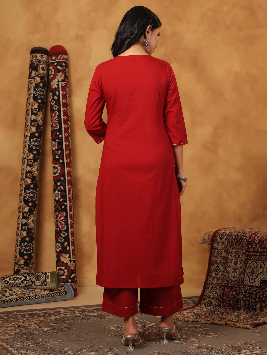 maroon cotton kurta palazzo set - 22057890 - Standard Image - 3