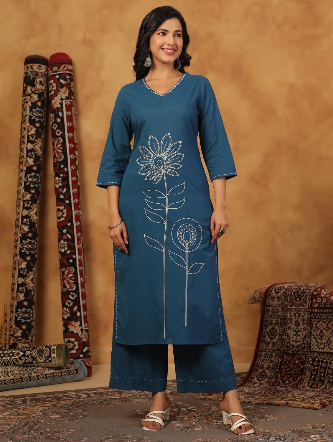 teal cotton kurta palazzo  set