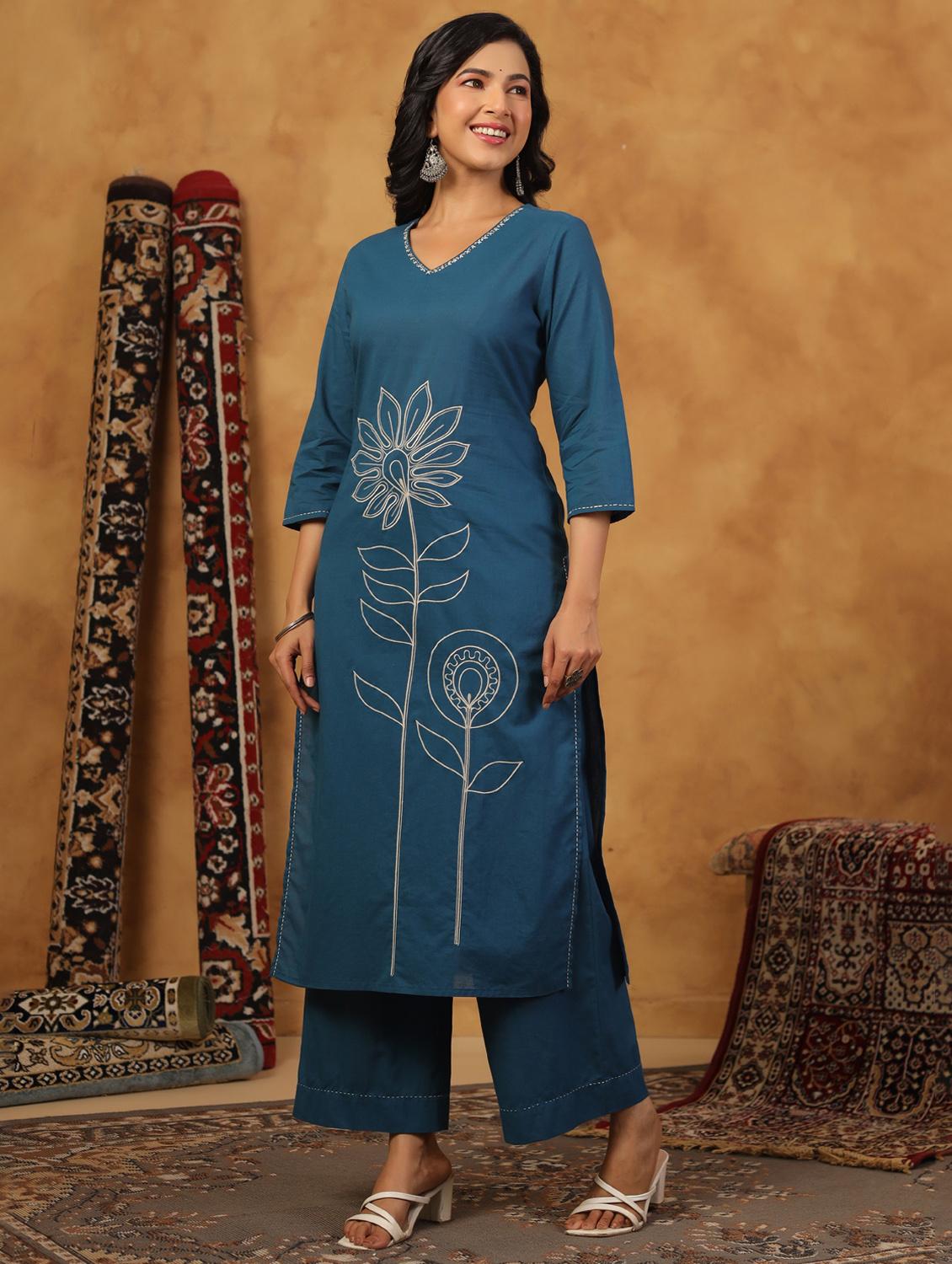 teal cotton kurta palazzo set - 22057891 - Standard Image - 3