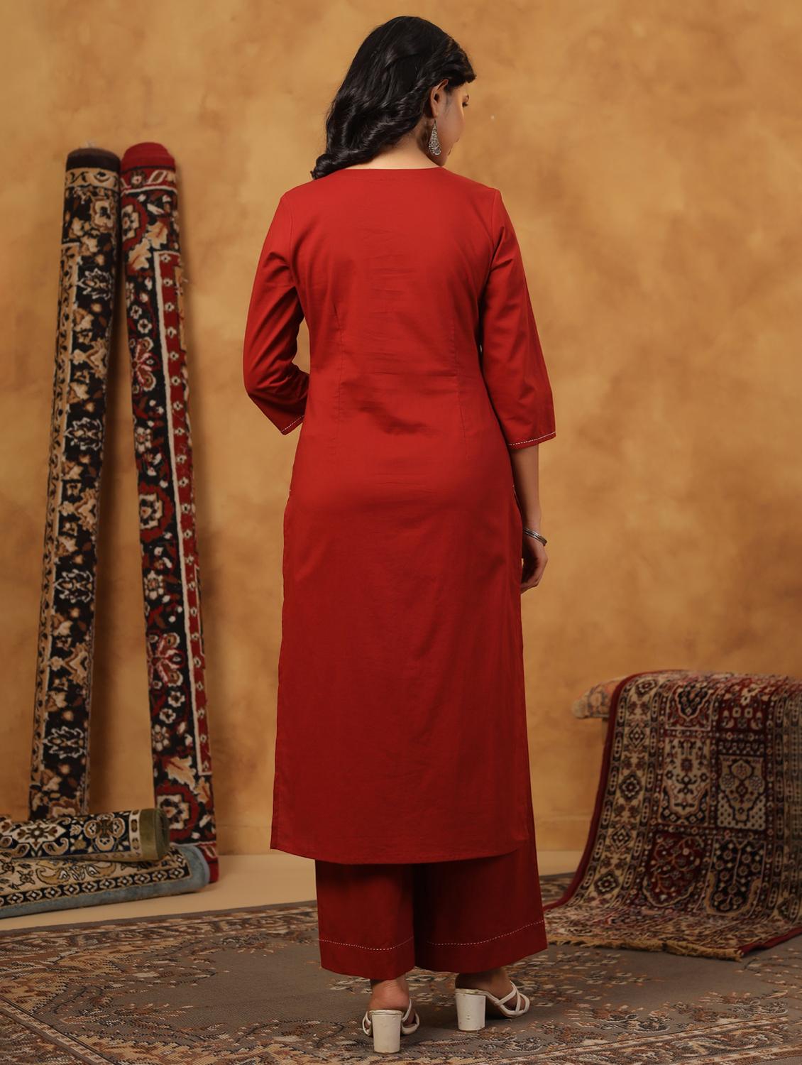 rust cotton kurta palazzo set - 22057892 - Standard Image - 3