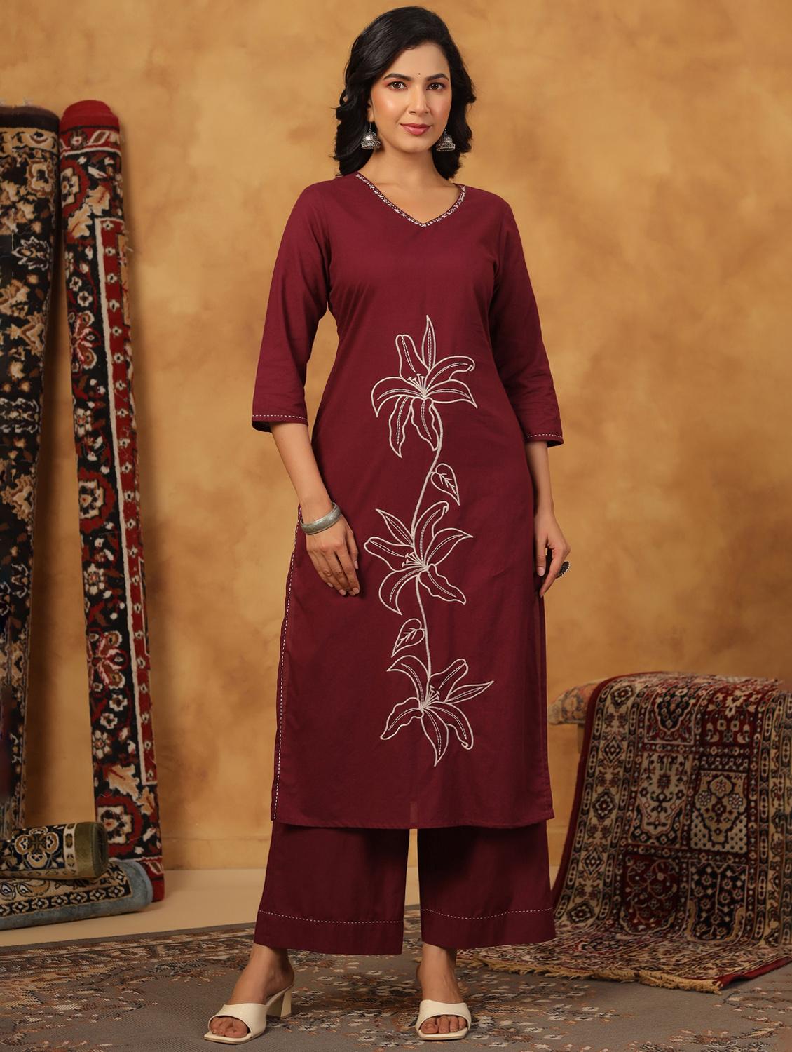 maroon cotton kurta palazzo set - 22057895 - Zoom Image - 0