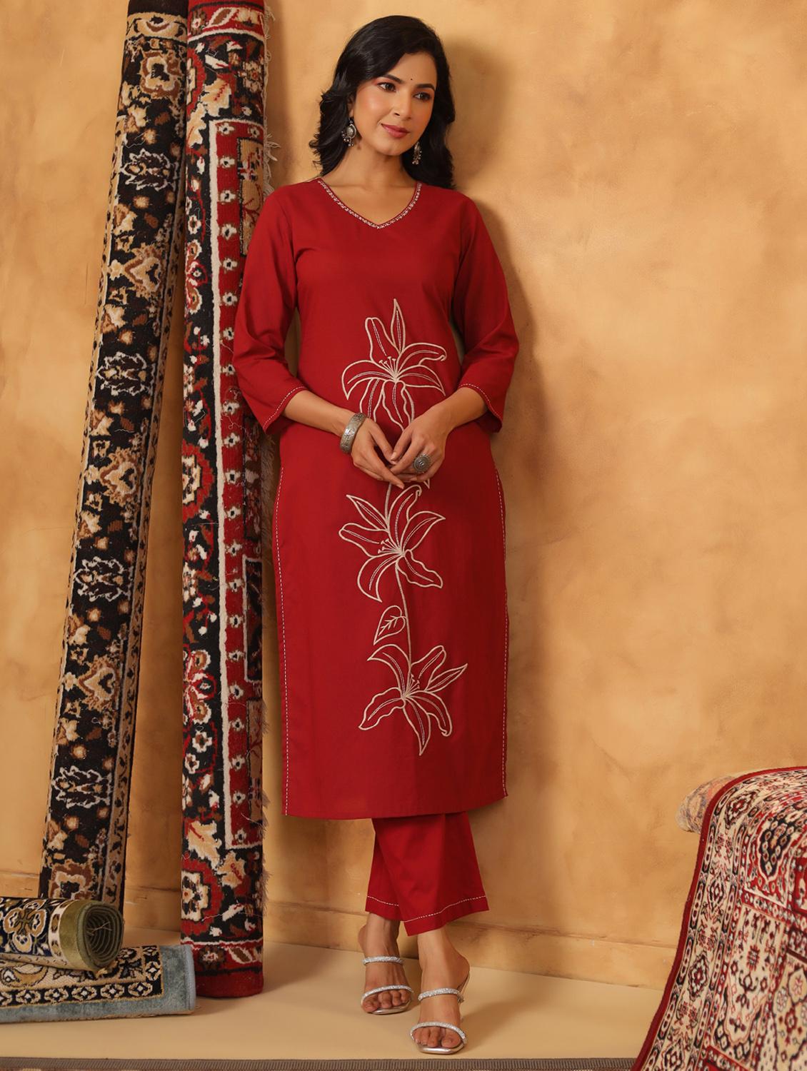 maroon cotton kurta palazzo set - 22057896 - Zoom Image - 0