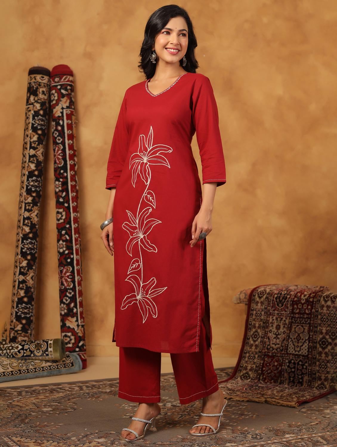 maroon cotton kurta palazzo set - 22057896 - Standard Image - 3