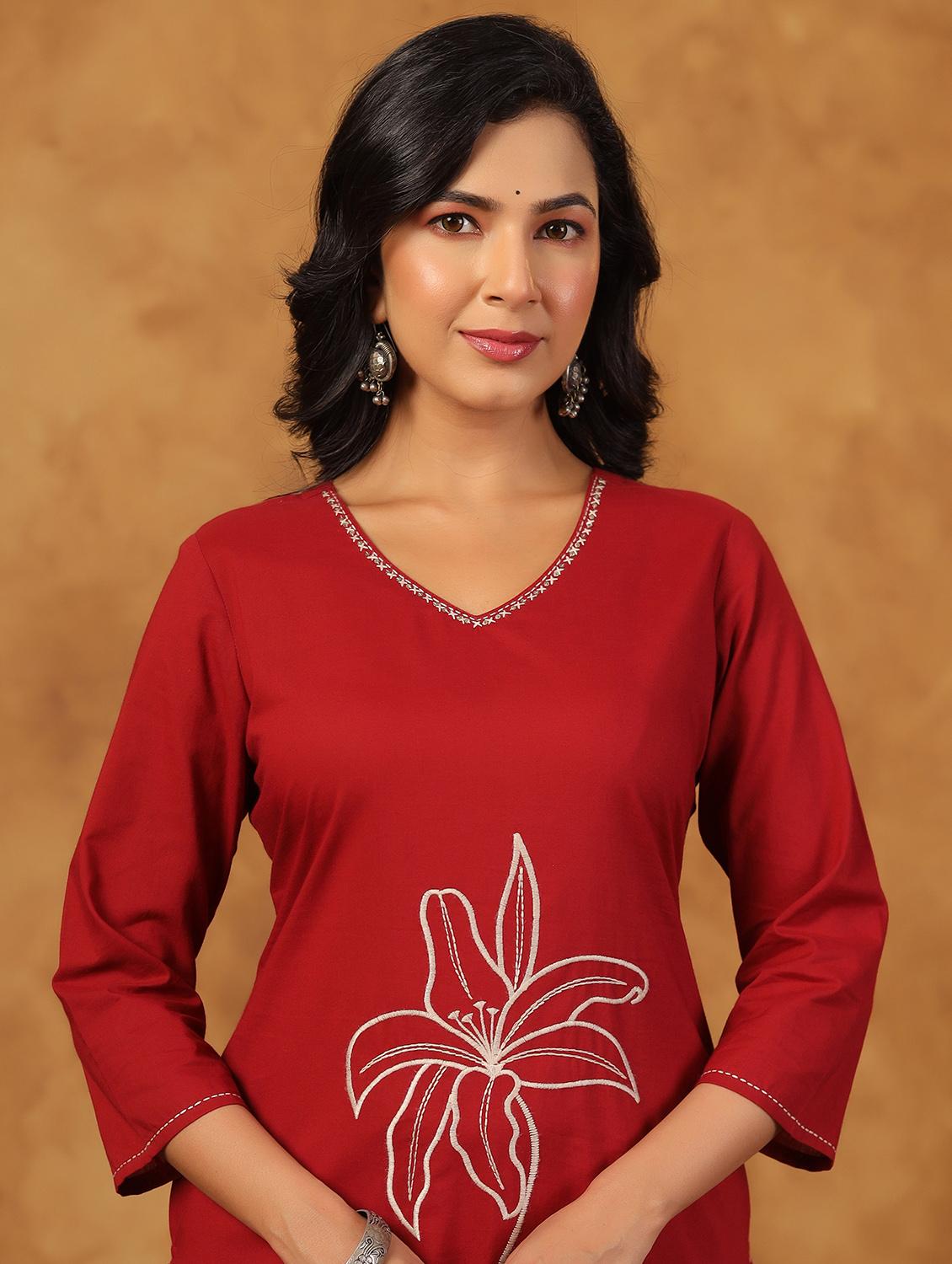 maroon cotton kurta palazzo set - 22057896 - Standard Image - 5