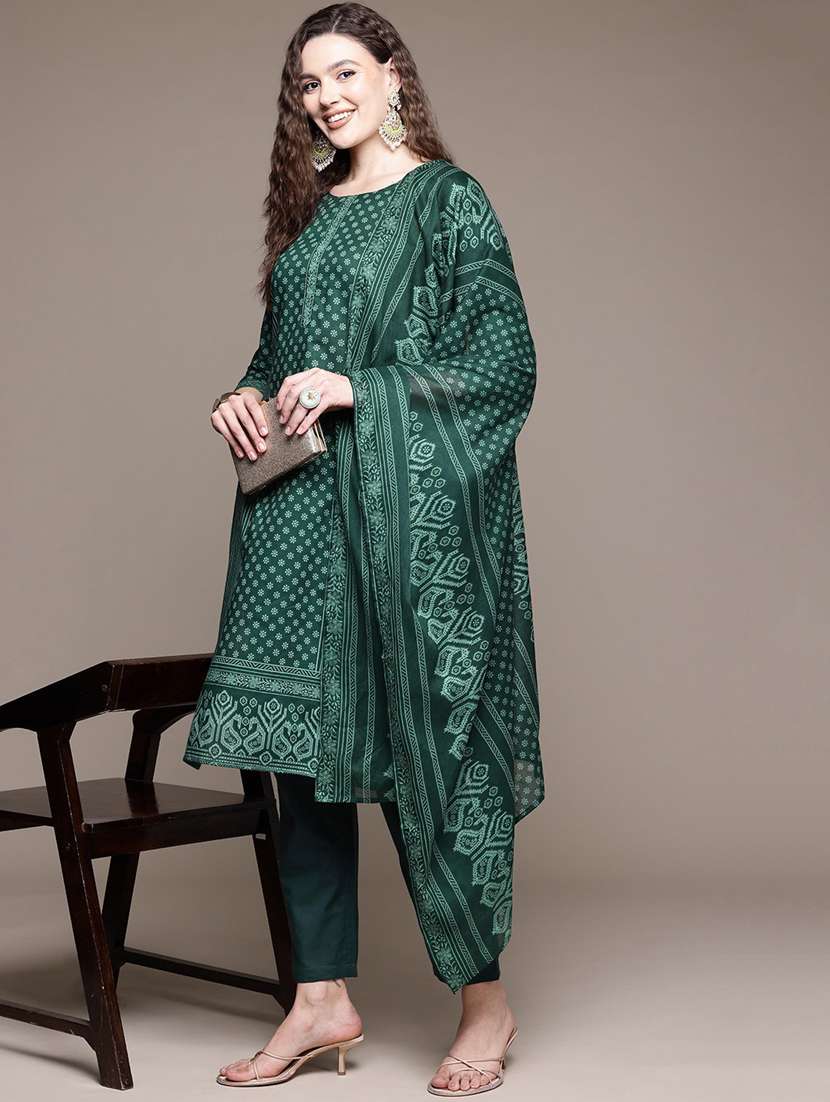 women printed three quarter sleeve kurta pant with dupatta set