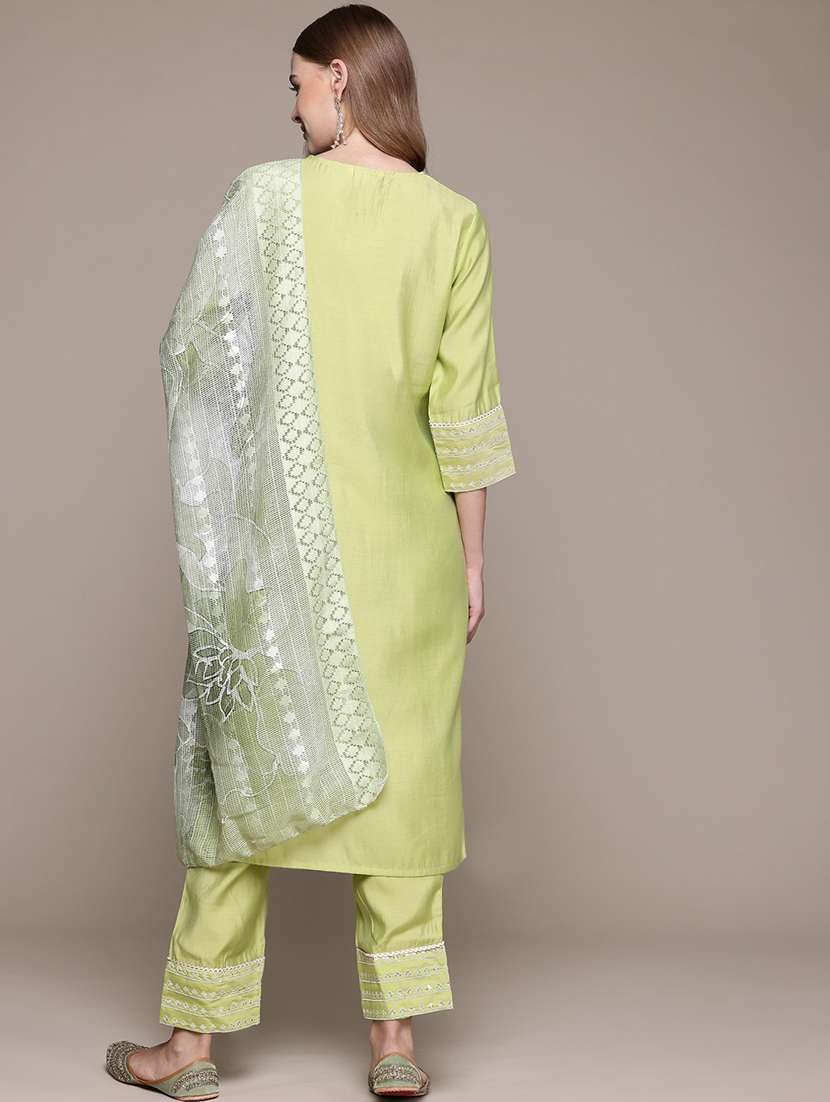 women solid with work three quarter sleeve kurta pant with dupatta set - 22057912 -  Standard Image - 3