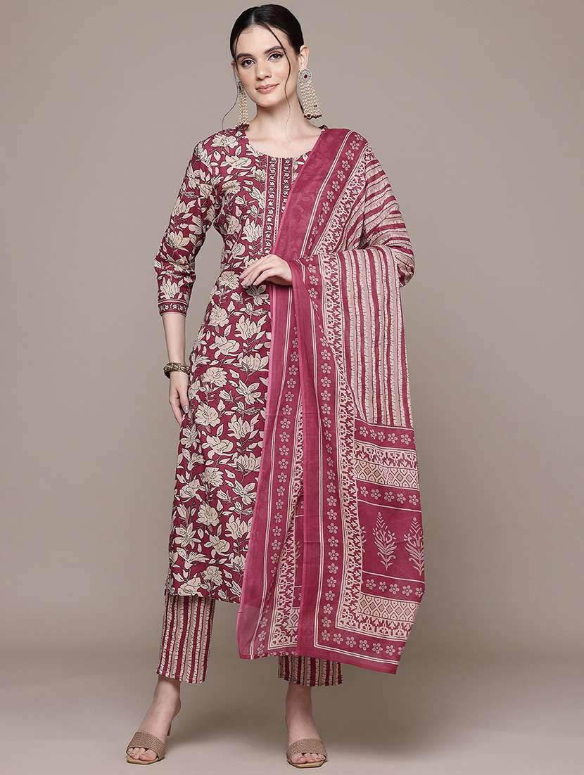 women three quarter sleeve kurta pant with dupatta set
