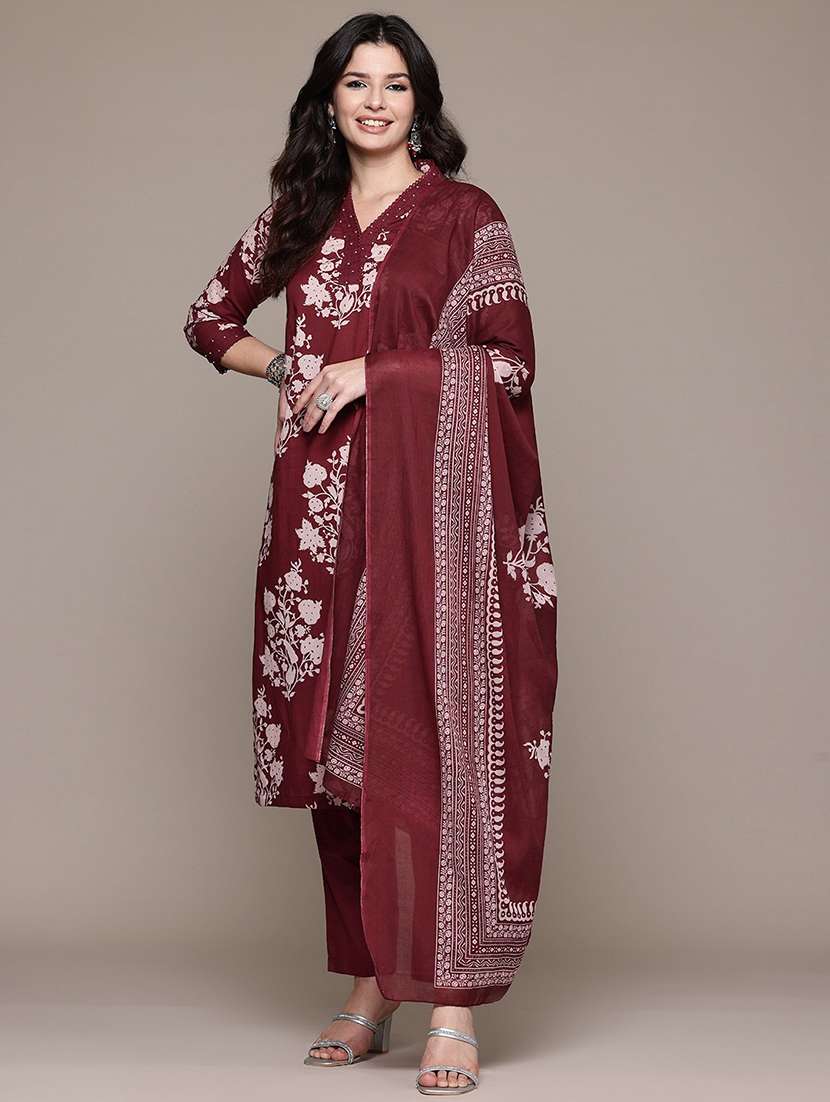 maroon cotton suit  set - 22058133 -  Zoom Image - 0