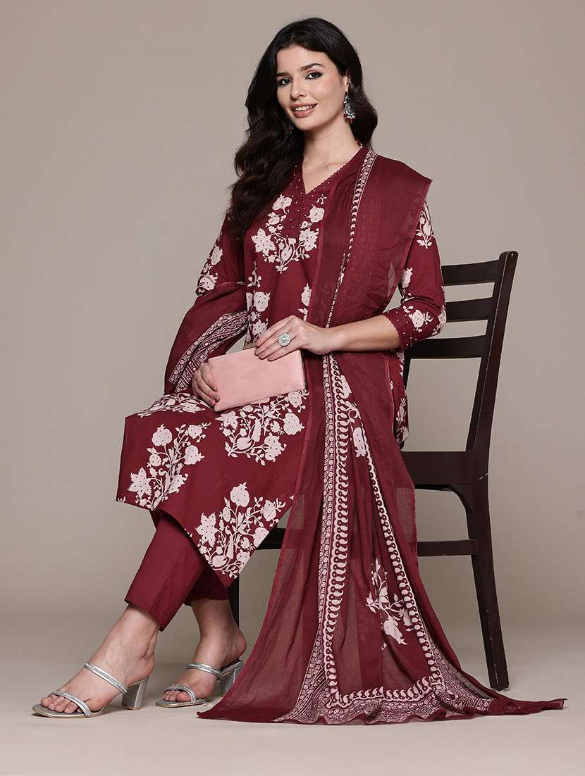 maroon cotton suit  set - 22058133 -  Standard Image - 3