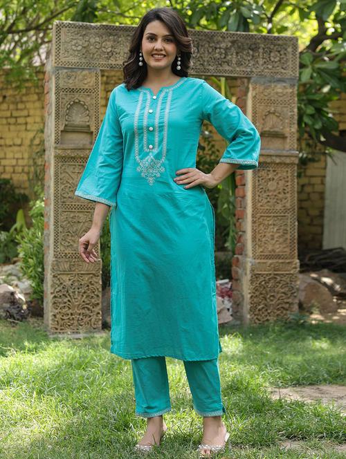 sea green cotton kurta palazzo set - 22058158 - Standard Image - 0