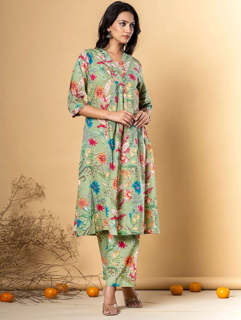green cotton kurta palazzo  set - 22058172 -  Standard Image - 3