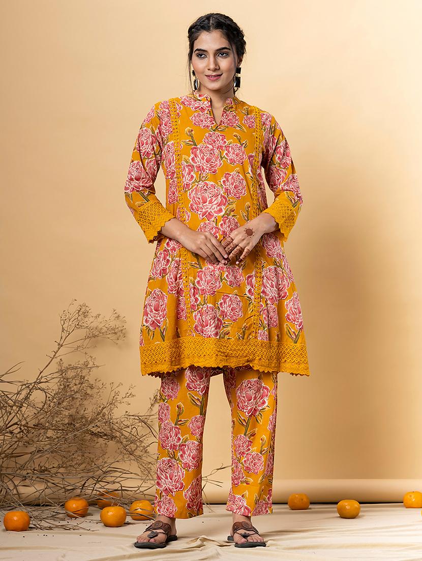 yellow cotton kurta palazzo set - 22058202 - Zoom Image - 0