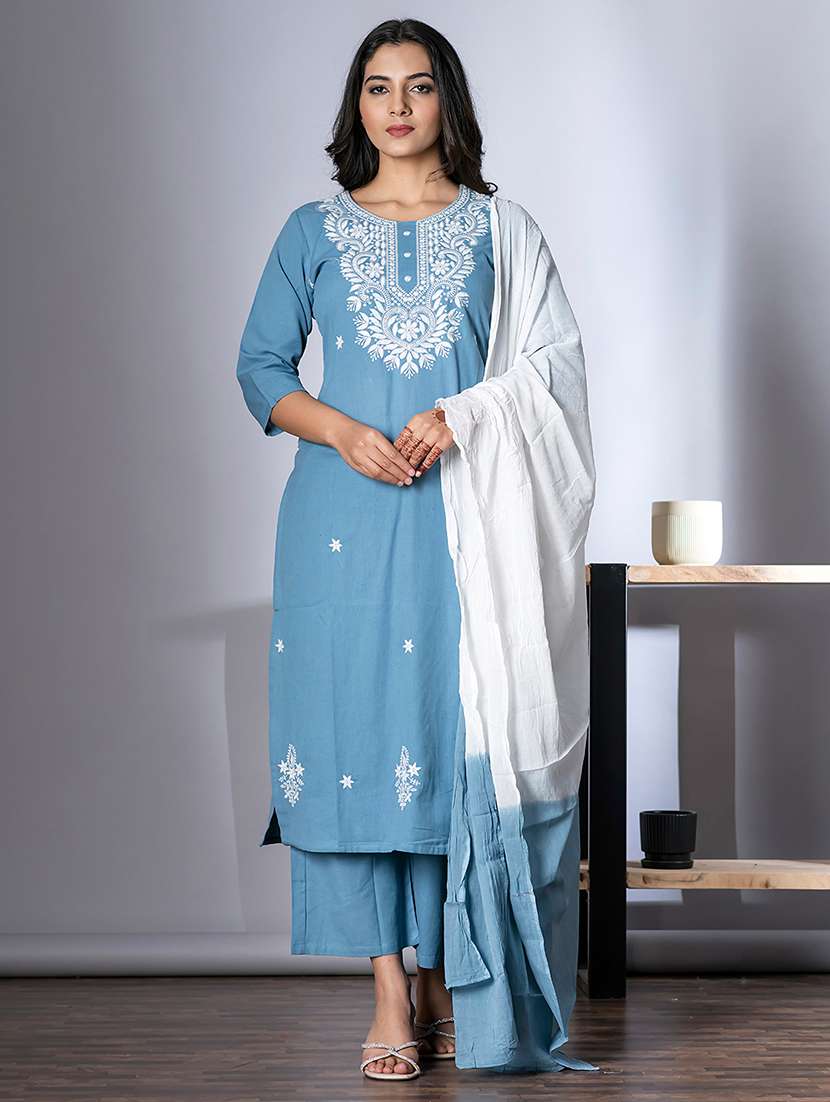 women three quarter sleeve kurta and pant with dupatta 