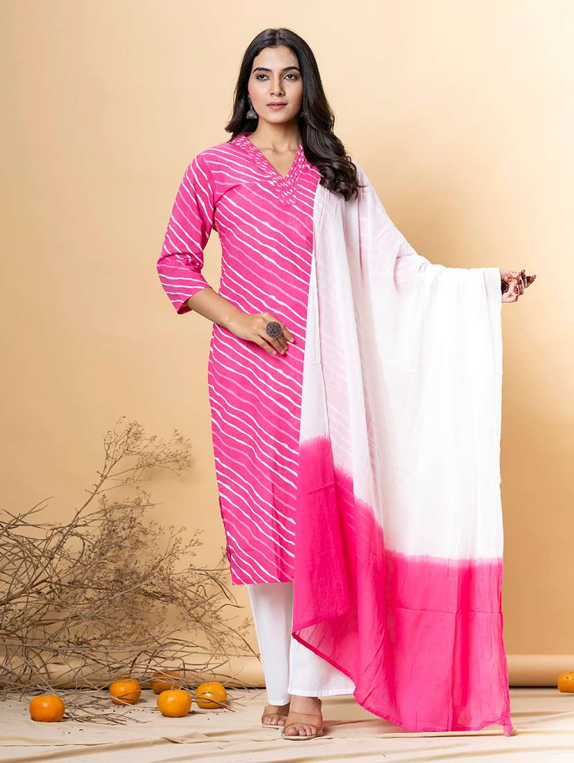 women three quarter sleeve kurta and pant with dupatta 