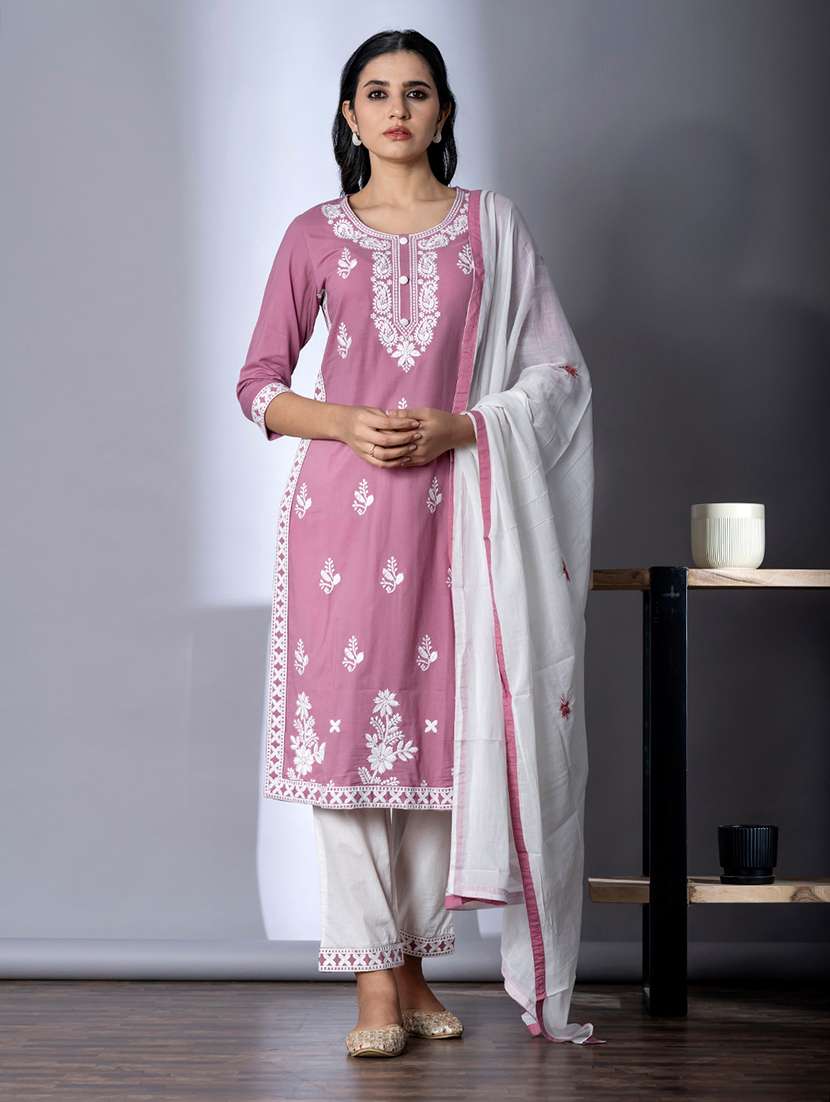 women three quarter sleeve kurta and pant with dupatta 