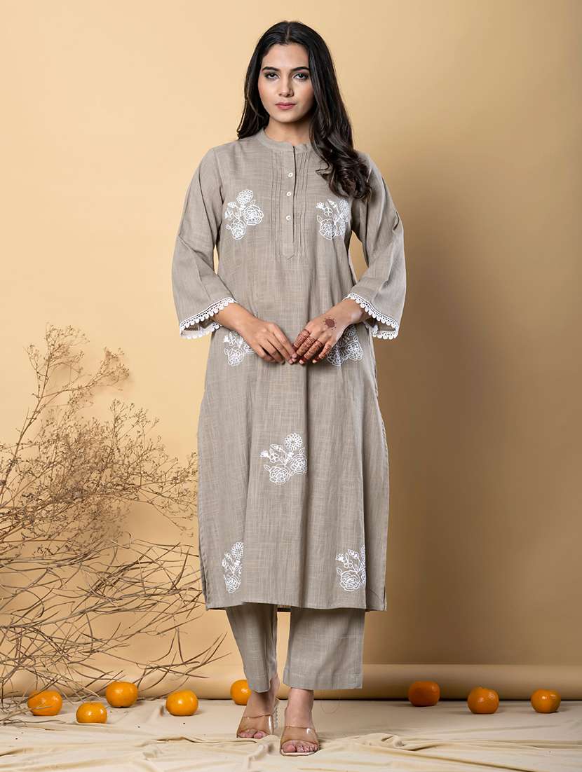 floralwomen three quarter sleeve kurta and pant with dupatta embellished kurta palazzo set with mandarin collar