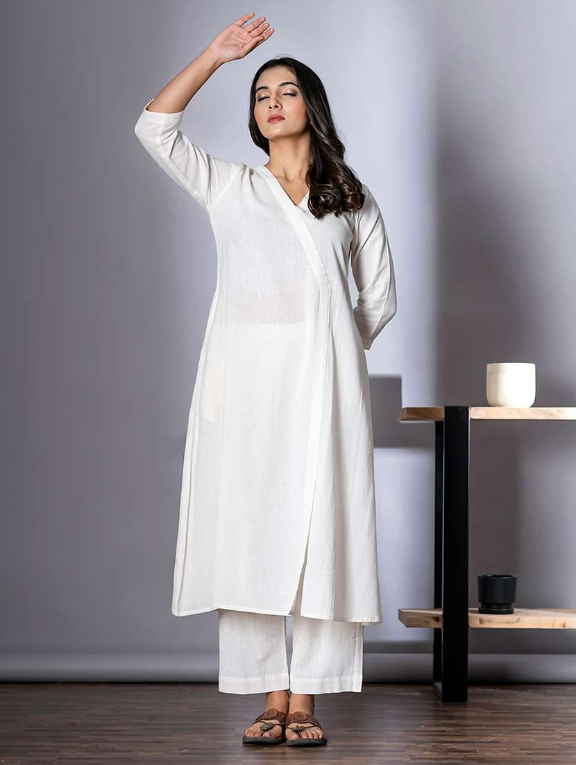 white cotton blend kurta palazzo set - 22058258 - Standard Image - 3