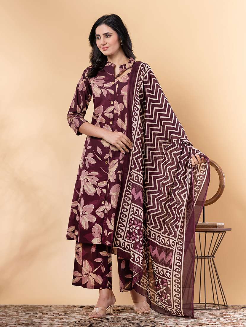 women three quarter sleeve kurta palazzo with dupatta set