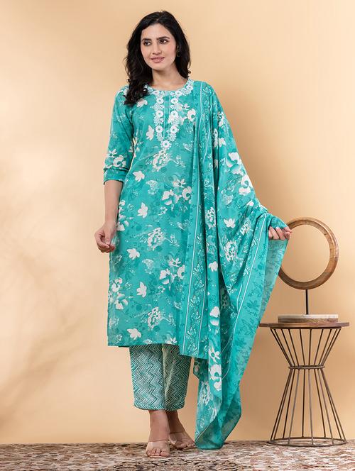 sea green cotton blend suit set - 22058316 - Standard Image - 0
