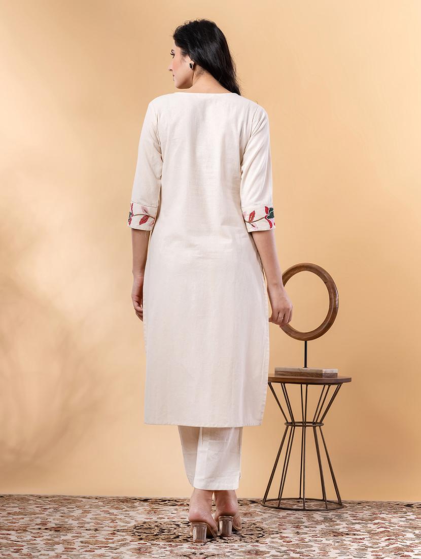 off white cotton blend kurta palazzo set - 22058341 - Standard Image - 3
