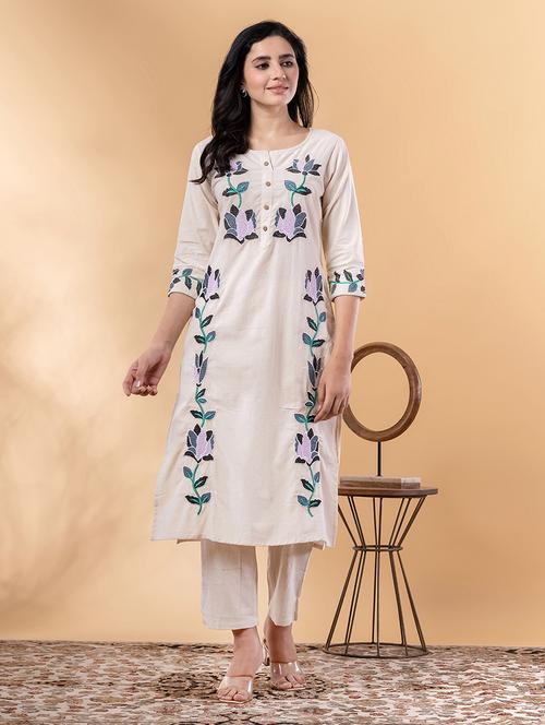 off white cotton blend kurta palazzo set - 22058342 - Standard Image - 0