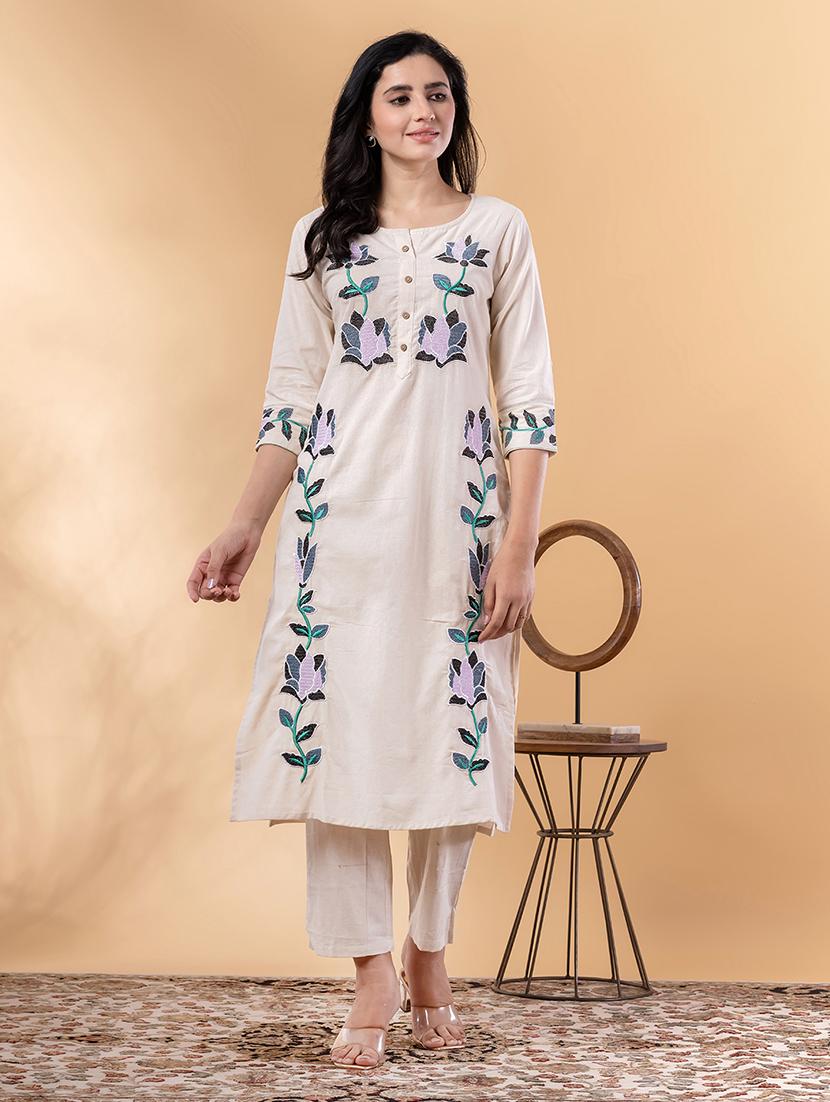 off white cotton blend kurta palazzo set - 22058342 - Zoom Image - 0