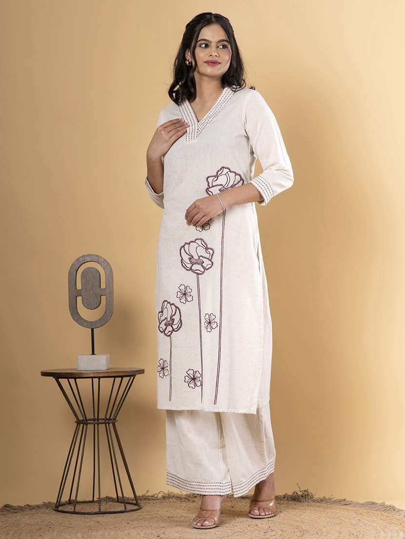 off white cotton blend kurta palazzo  set - 22058356 -  Standard Image - 3