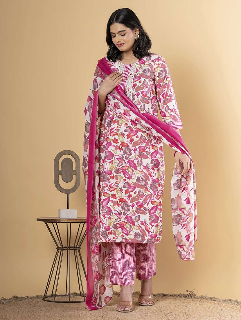 women three quarter sleeve kurta pant with dupatta set