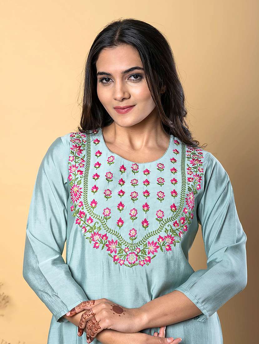 blue silk blend kurta palazzo  set - 22058387 -  Standard Image - 5