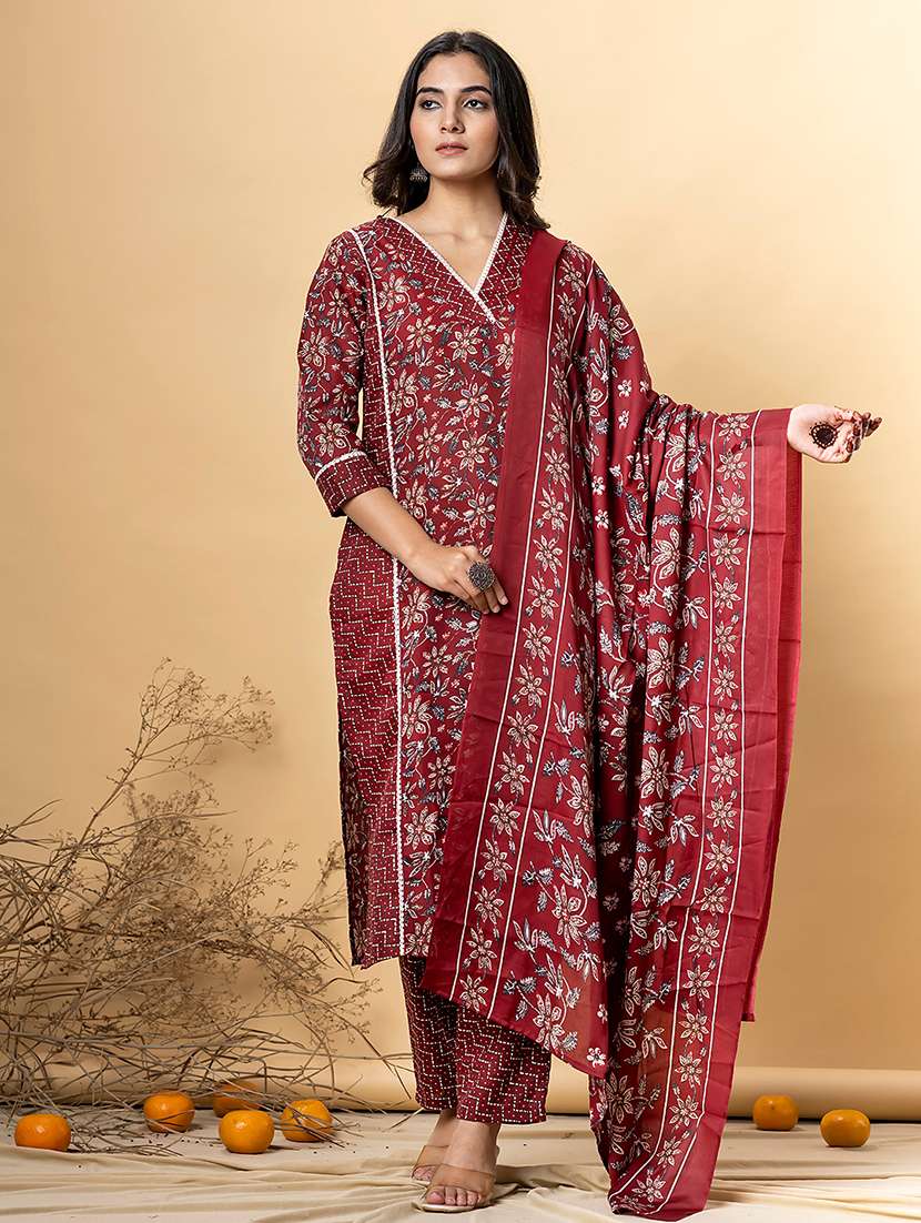 red cotton blend suit  set
