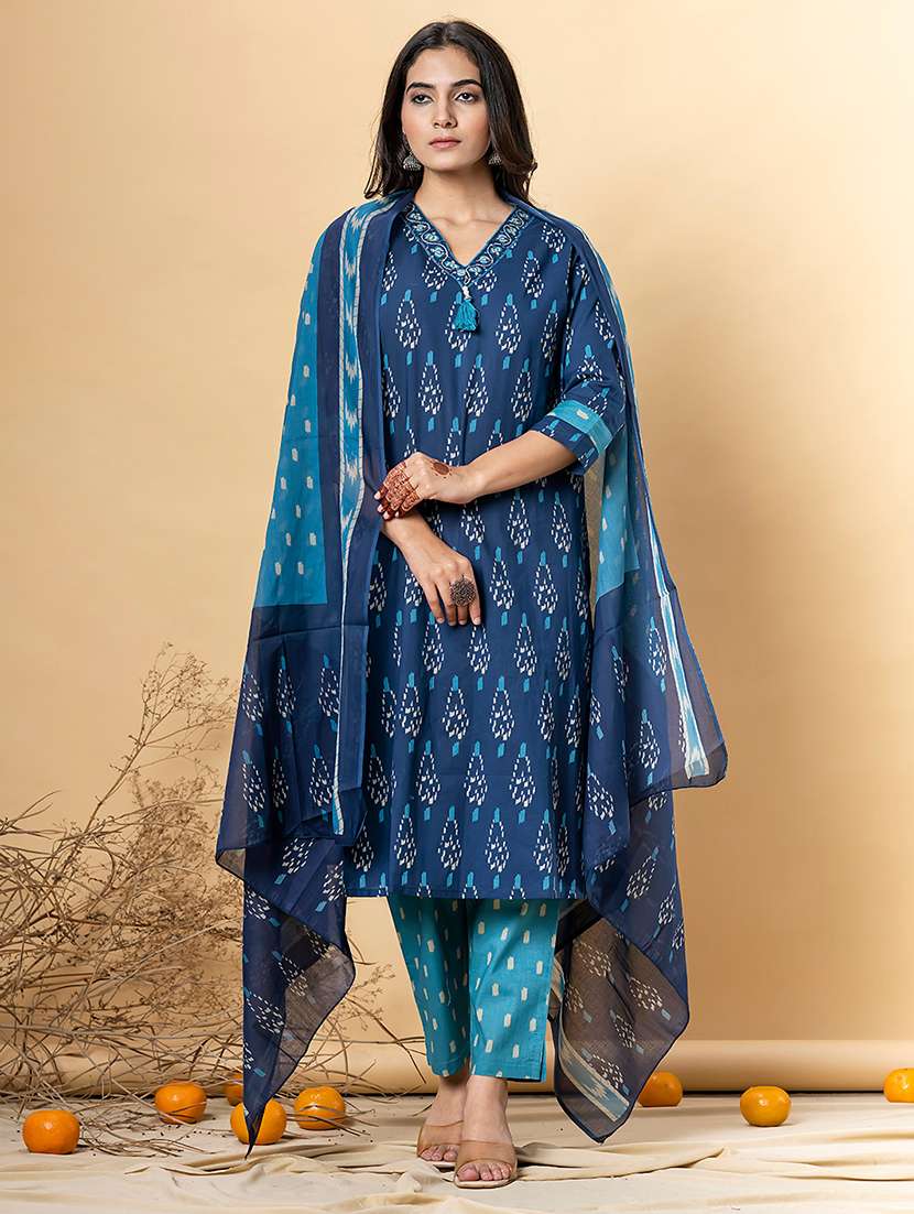 blue cotton blend suit  set