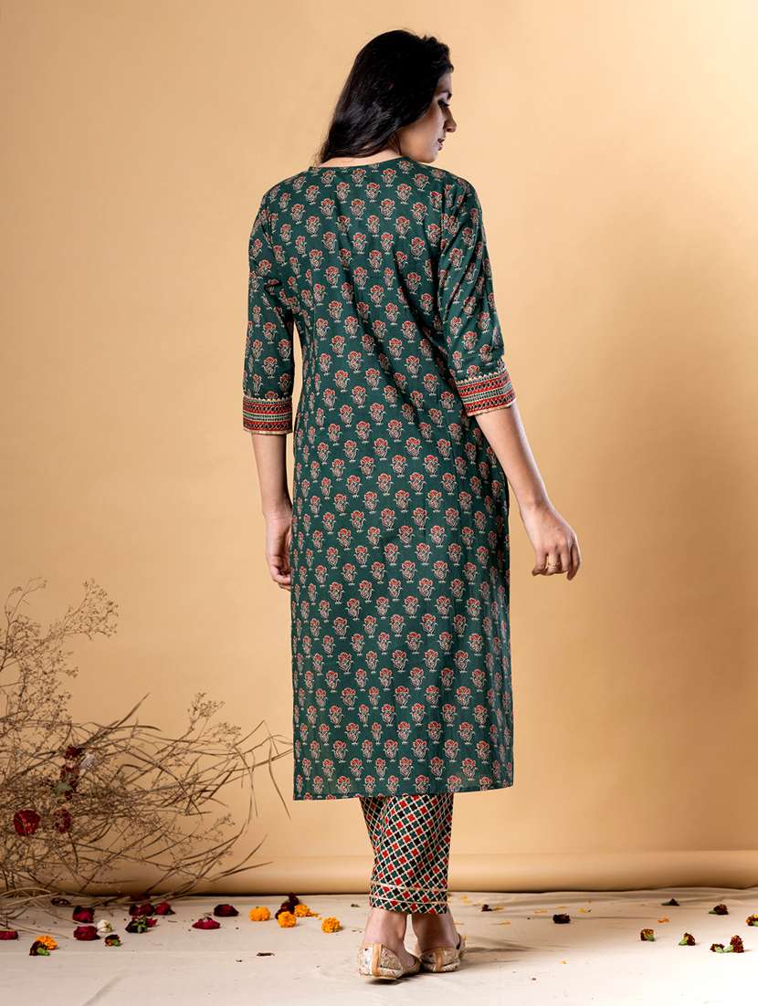 green cotton blend kurta palazzo  set - 22058408 -  Standard Image - 3