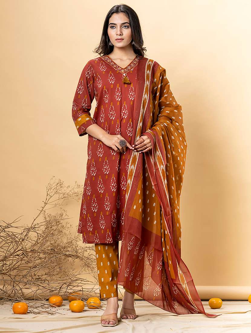 red cotton blend suit  set