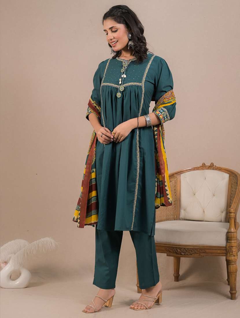 green cotton kurta pant  set - 22058421 -  Standard Image - 5