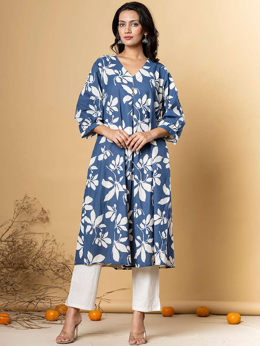 navy blue cotton blend kurta pant  set
