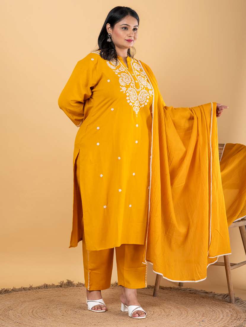 mustard cotton blend suit  set - 22058472 -  Standard Image - 3