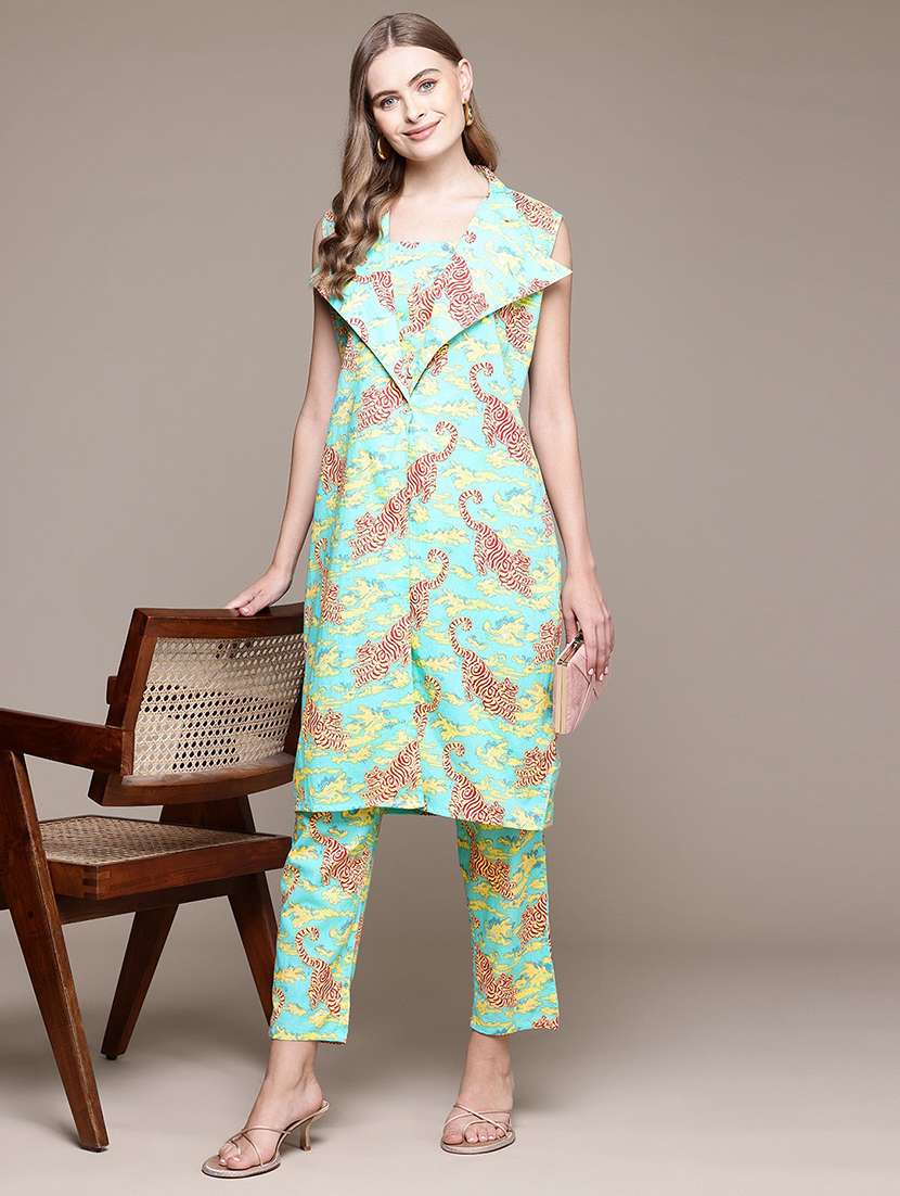 women printed top and trouser with jacket co-ord set