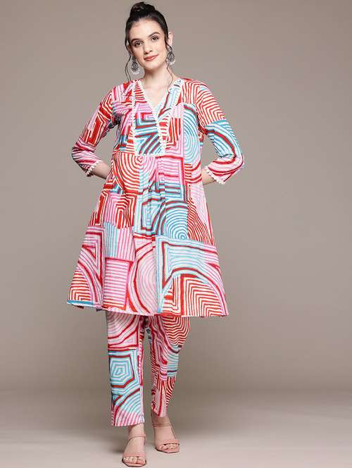 women printed three quarter sleeve ethnic co-ord set - 22058582 - Standard Image - 0