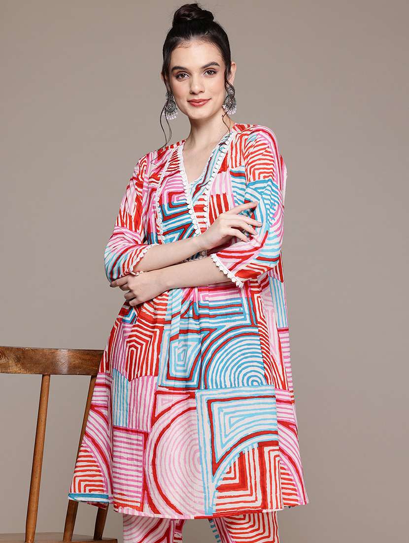 women printed three quarter sleeve ethnic co-ord set - 22058582 - Standard Image - 3